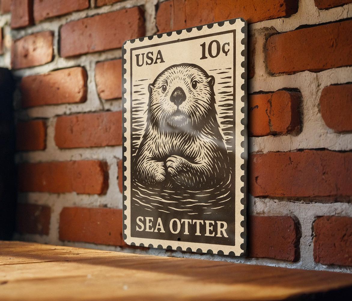 Sea Otter Stamp Art Metal Sign –  Rustic Coastal Wall Decor, Vintage Marine Life Artwork for Beach House — photo 1