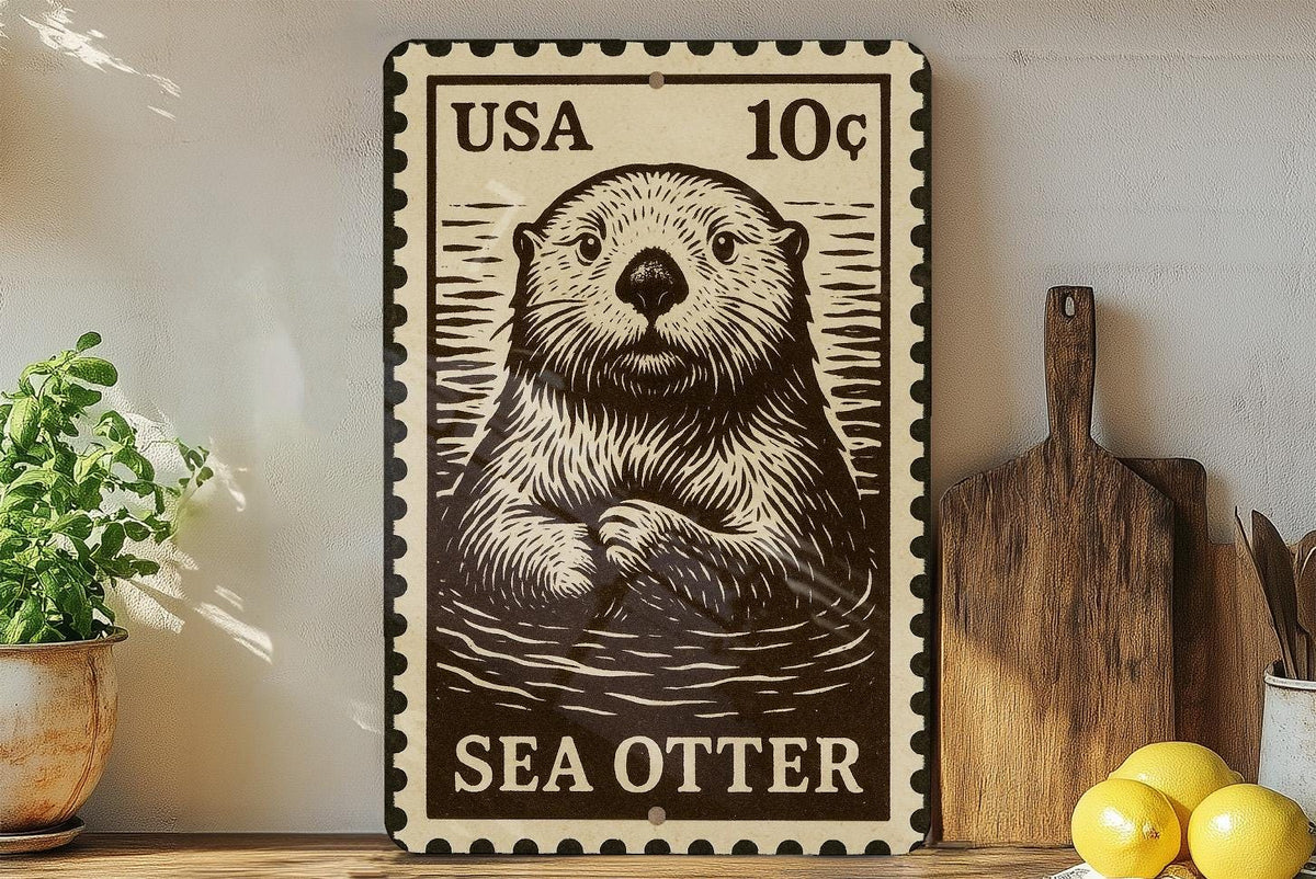 Sea Otter Stamp Art Metal Sign –  Rustic Coastal Wall Decor, Vintage Marine Life Artwork for Beach House — photo 2