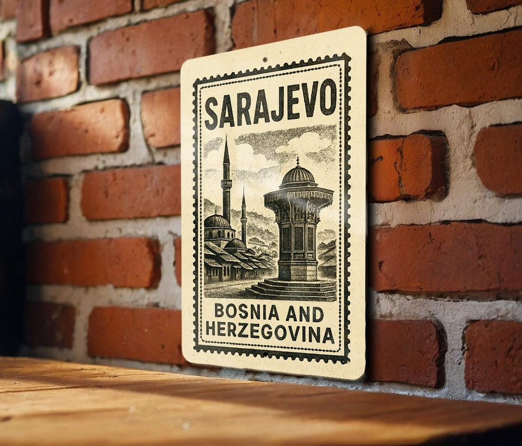 Sarajevo Bosnia Metal Sign – Vintage Stamp Style Wall Art, Rustic Travel Decor, Bosnia and Herzegovina Souvenir Gift — photo 1