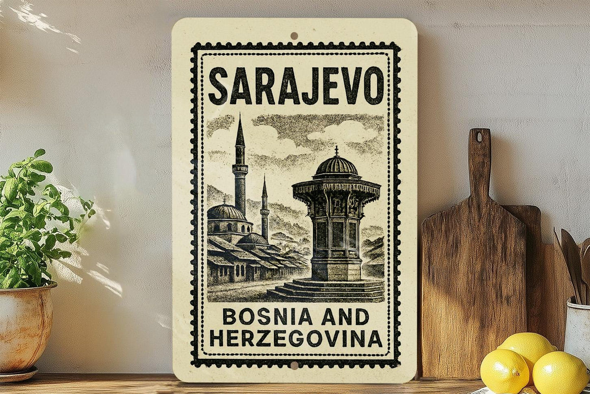 Sarajevo Bosnia Metal Sign – Vintage Stamp Style Wall Art, Rustic Travel Decor, Bosnia and Herzegovina Souvenir Gift — photo 2