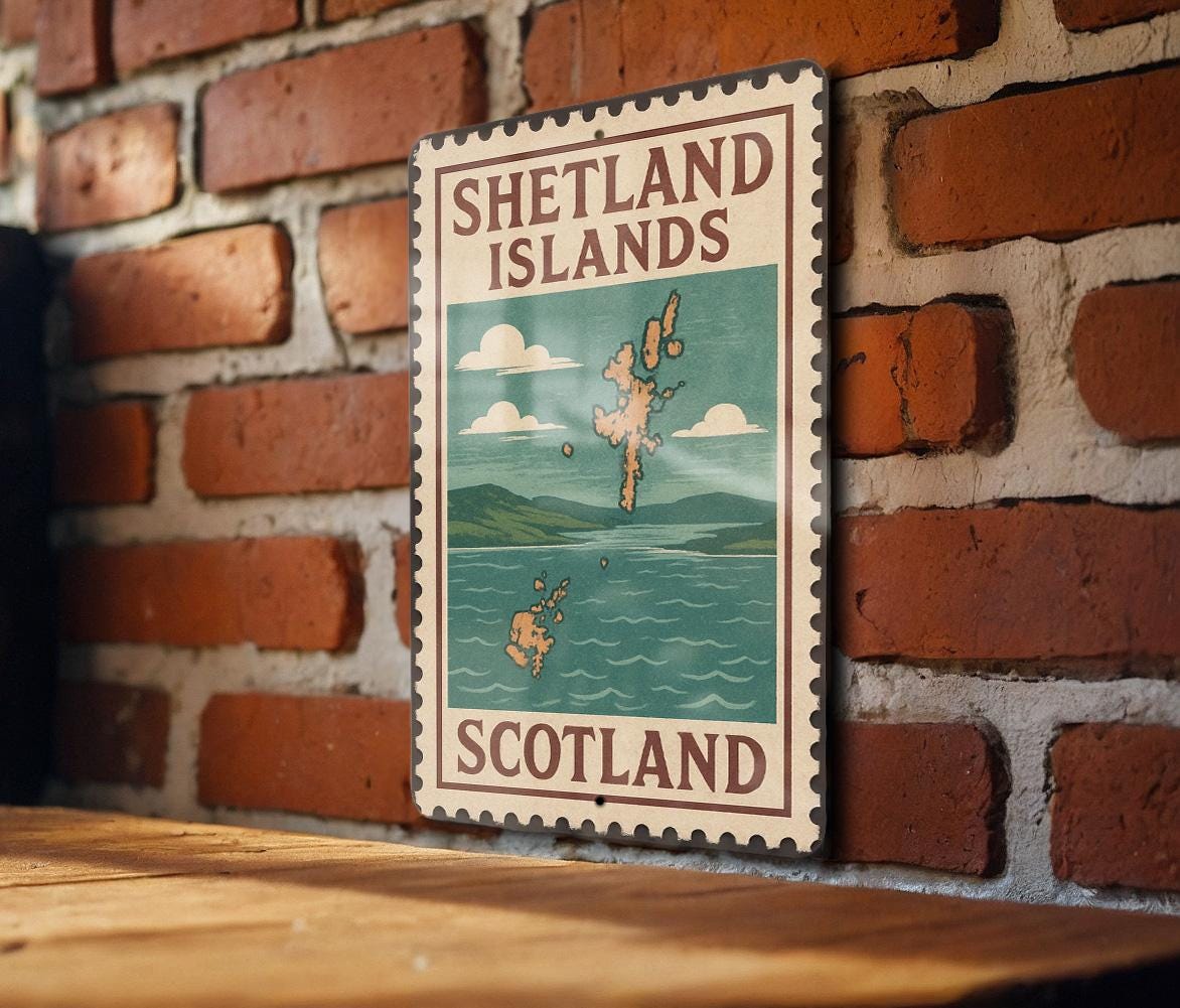 Shetland Islands Scotland Metal Sign – Vintage Stamp Style Wall Art, Rustic Travel Decor, Scottish Souvenir Gift — photo 1