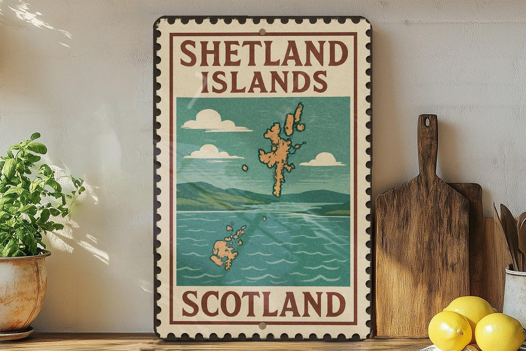 Shetland Islands Scotland Metal Sign – Vintage Stamp Style Wall Art, Rustic Travel Decor, Scottish Souvenir Gift — photo 2