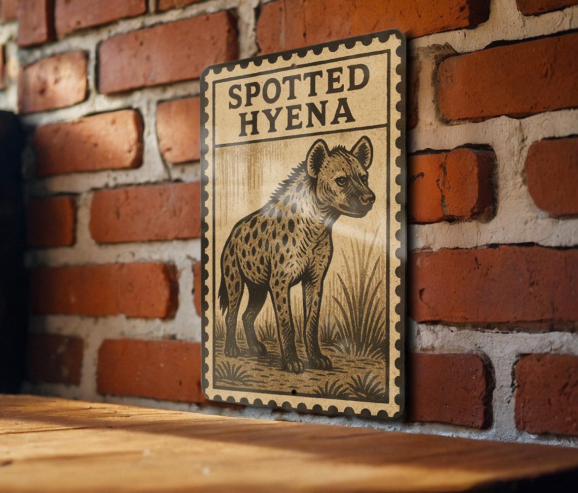 Spotted Hyena Metal Sign – Rustic Safari Wildlife Wall Art, Vintage Animal Decor, Stamp Style Illustration — photo 1