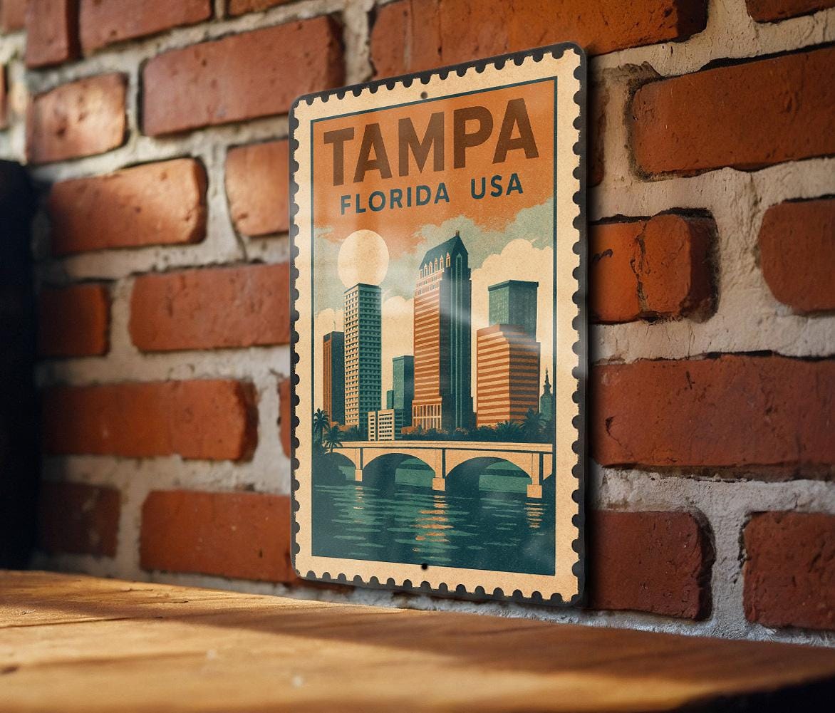 Tampa Florida Metal Sign – Vintage Stamp Style Wall Art, Retro Travel Decor for Home, Office, or Man Cave — photo 1
