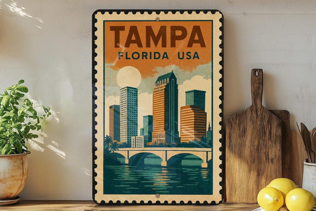 Tampa Florida Metal Sign – Vintage Stamp Style Wall Art, Retro Travel Decor for Home, Office, or Man Cave — photo 3