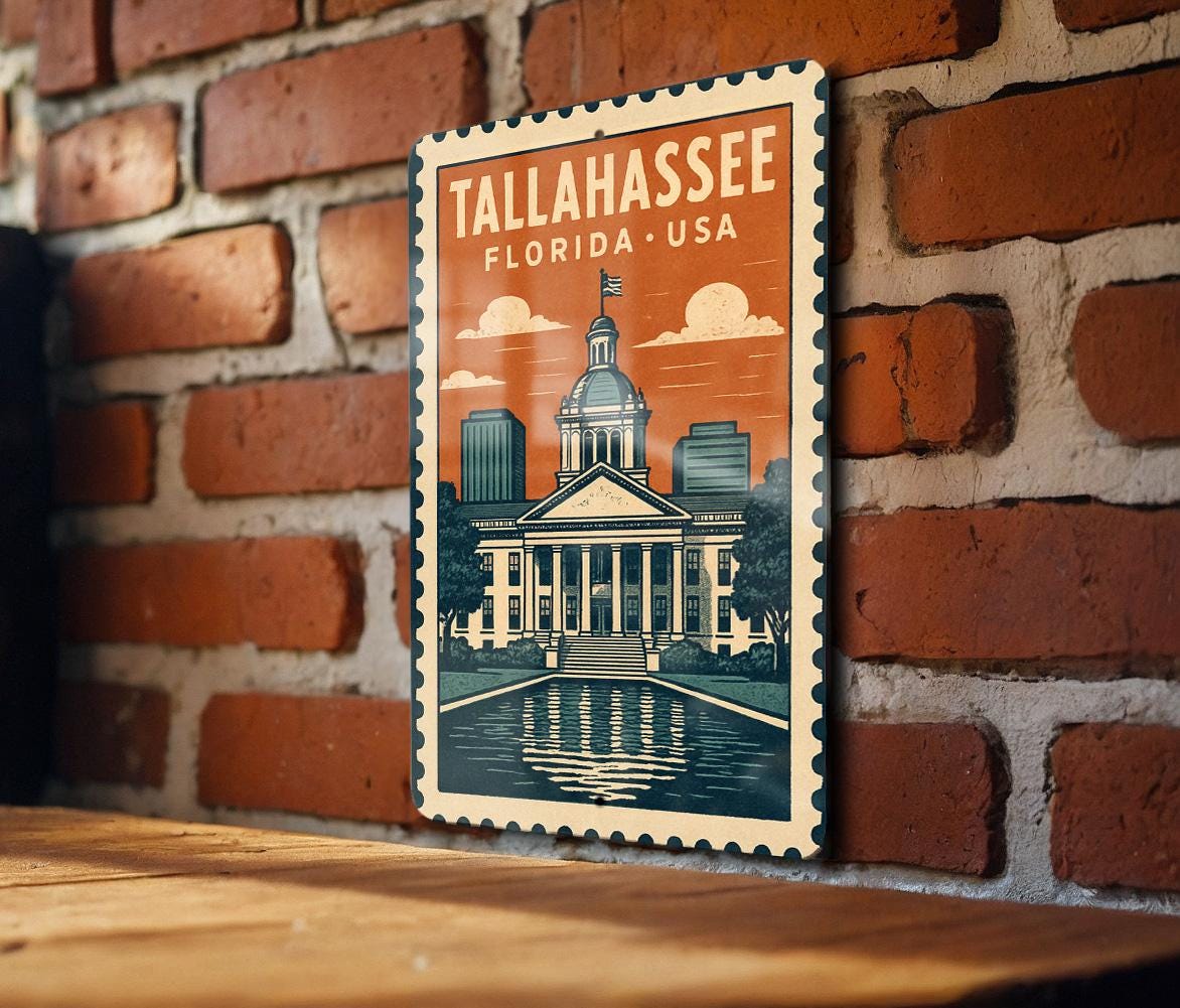 Tallahassee Florida Metal Sign – Vintage Stamp Style Wall Art, Rustic USA City Decor, Retro Travel Souvenir Plaque — photo 1