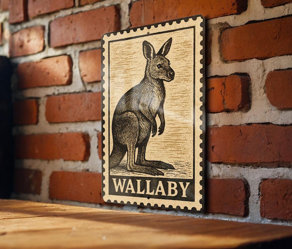Wallaby Stamp Style Metal Sign – Vintage Wall Art for Home, Rustic Animal Decor, Australian Wildlife Poster — photo 1