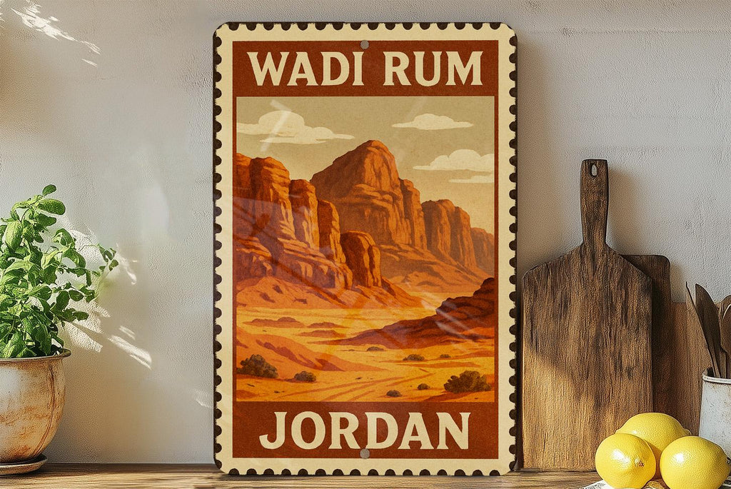 Wadi Rum Jordan Metal Sign – Stamp Style Travel Wall Art, Desert Landscape Home Decor, Rustic Vintage Tin Sign — photo 1