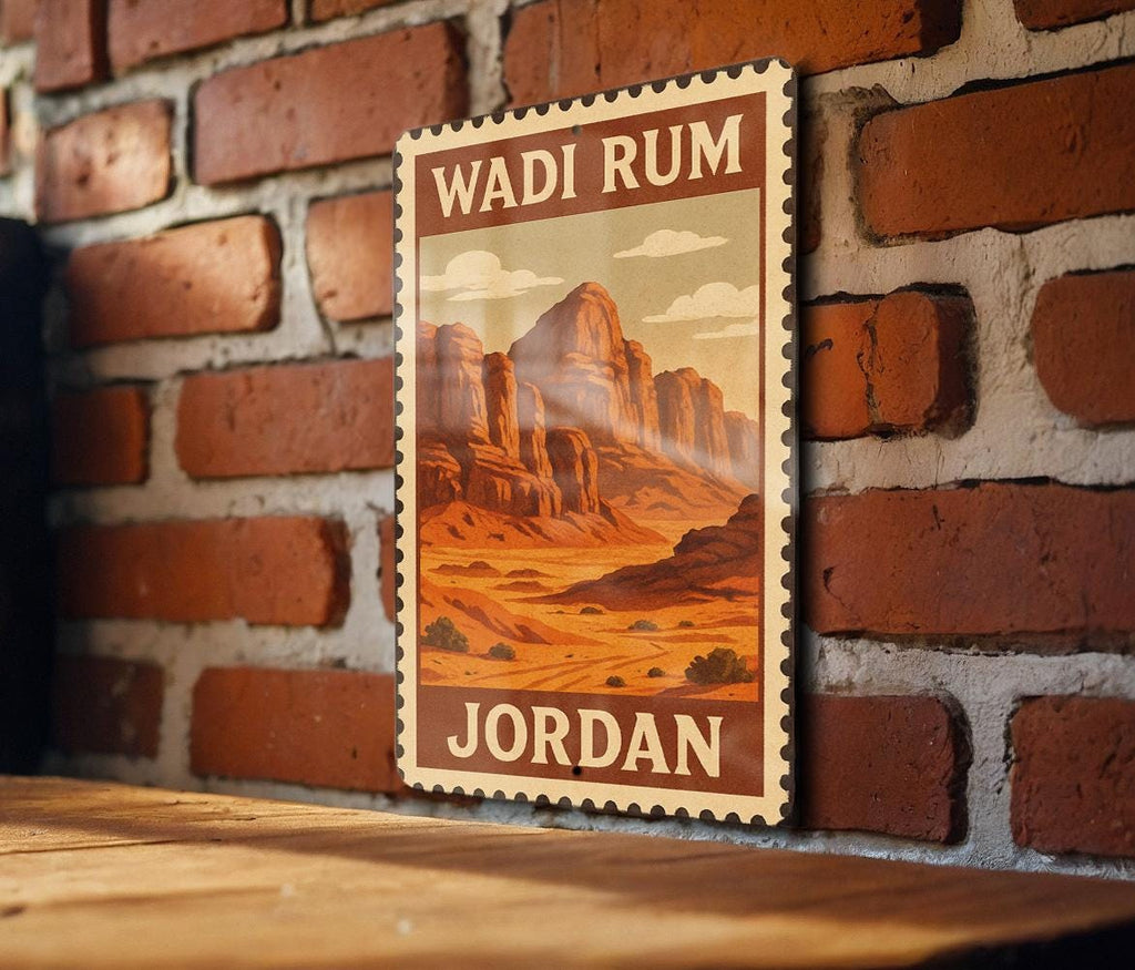 Wadi Rum Jordan Metal Sign – Stamp Style Travel Wall Art, Desert Landscape Home Decor, Rustic Vintage Tin Sign — photo 2
