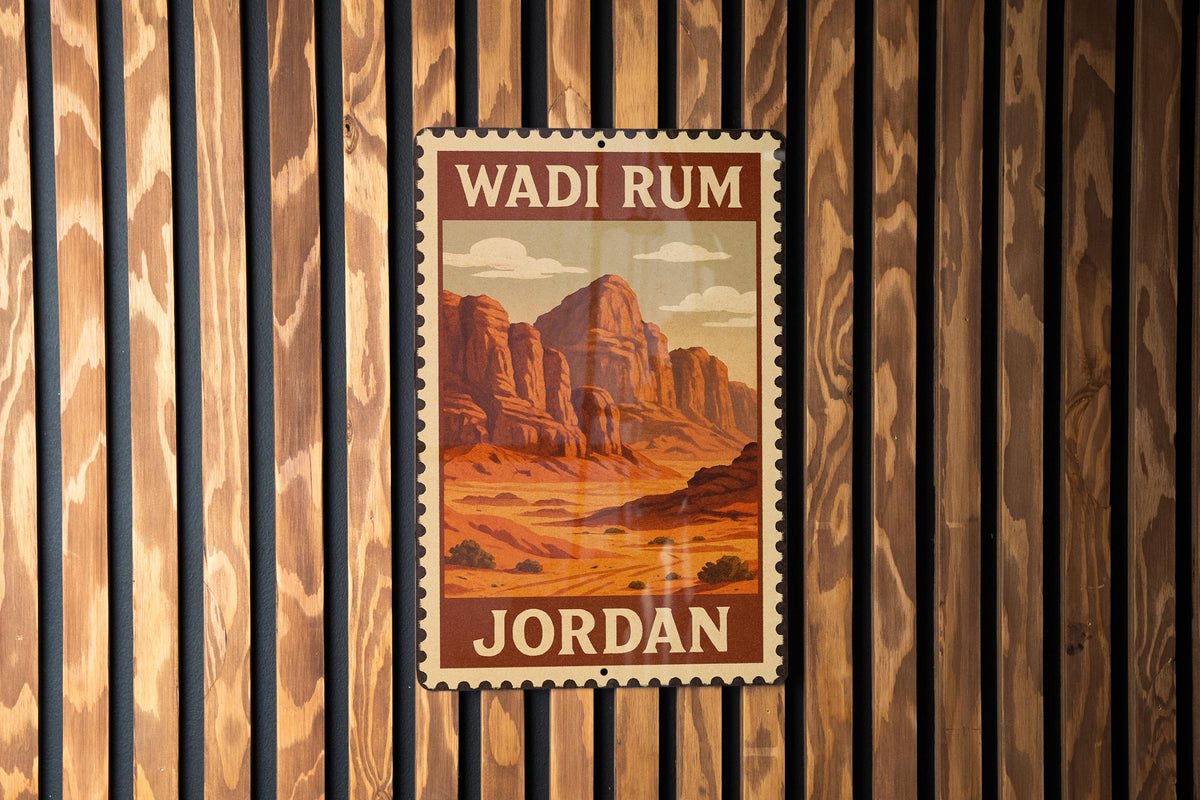 Wadi Rum Jordan Metal Sign – Stamp Style Travel Wall Art, Desert Landscape Home Decor, Rustic Vintage Tin Sign — photo 3