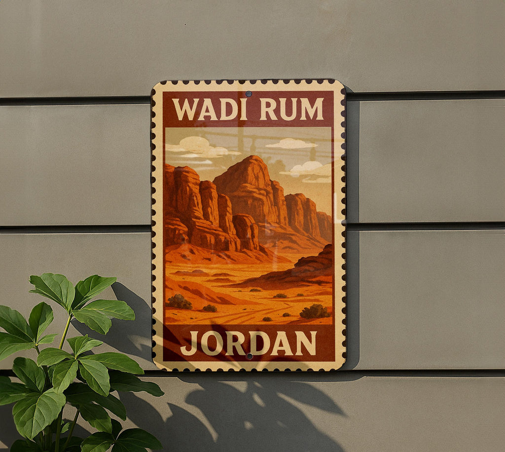 Wadi Rum Jordan Metal Sign – Stamp Style Travel Wall Art, Desert Landscape Home Decor, Rustic Vintage Tin Sign — photo 5
