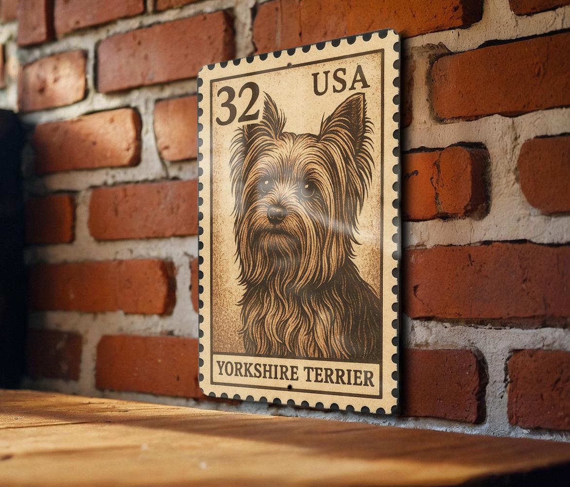 Yorkshire Terrier Metal Sign – Vintage Stamp Style Dog Wall Art for Home, Porch, Kennel, Rustic Pet Decor Gift — photo 1