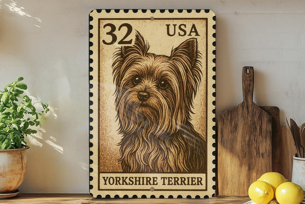 Yorkshire Terrier Metal Sign – Vintage Stamp Style Dog Wall Art for Home, Porch, Kennel, Rustic Pet Decor Gift — photo 3