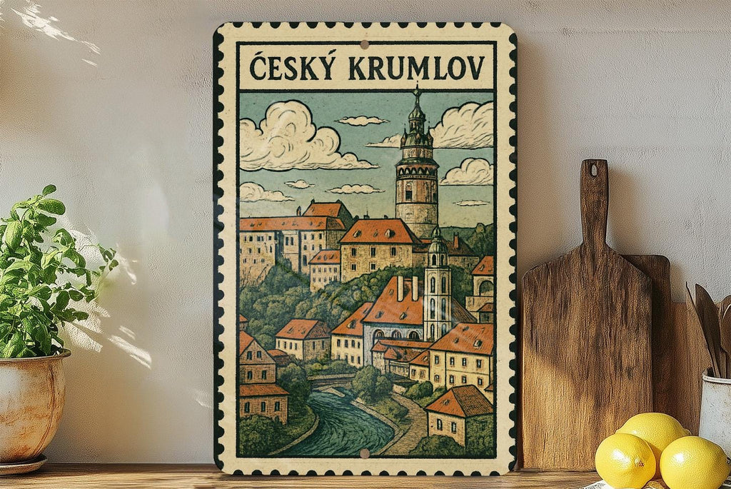 Český Krumlov Czech Republic Metal Sign – Vintage Travel Stamp Style Wall Art, European City Decor for Home or Office — photo 2