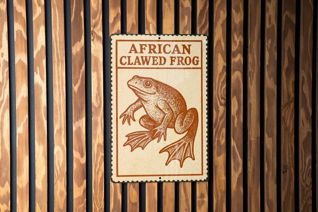African Clawed Frog Metal Sign – Vintage Stamp Style Wall Art, Amphibian Decor, Retro Vertical Tin Sign for Home or Garden — photo 2