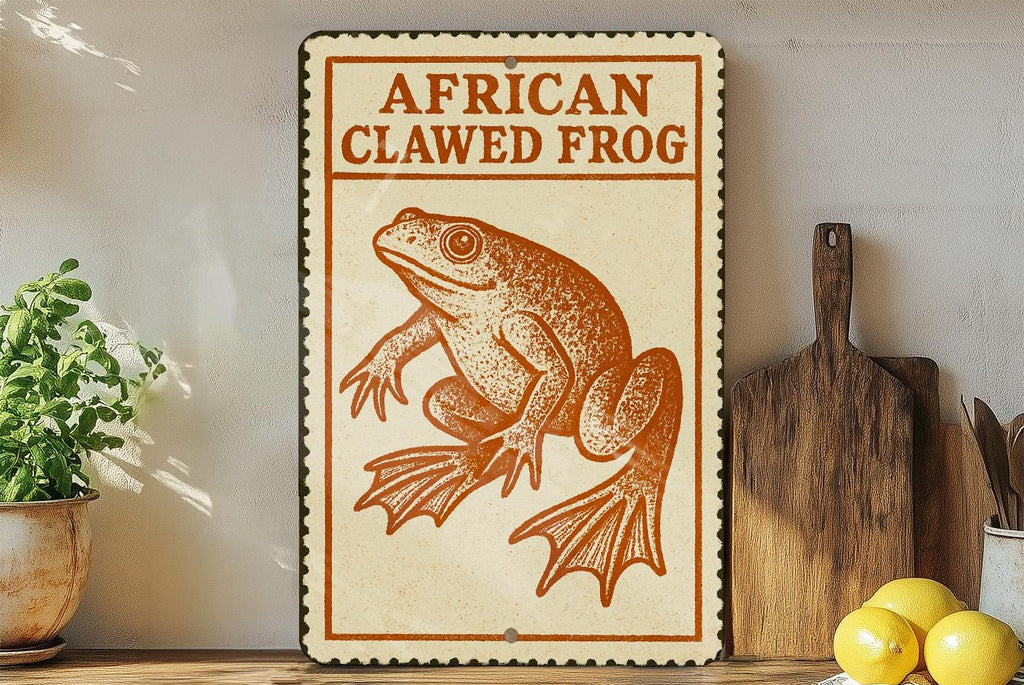 African Clawed Frog Metal Sign – Vintage Stamp Style Wall Art, Amphibian Decor, Retro Vertical Tin Sign for Home or Garden — photo 3