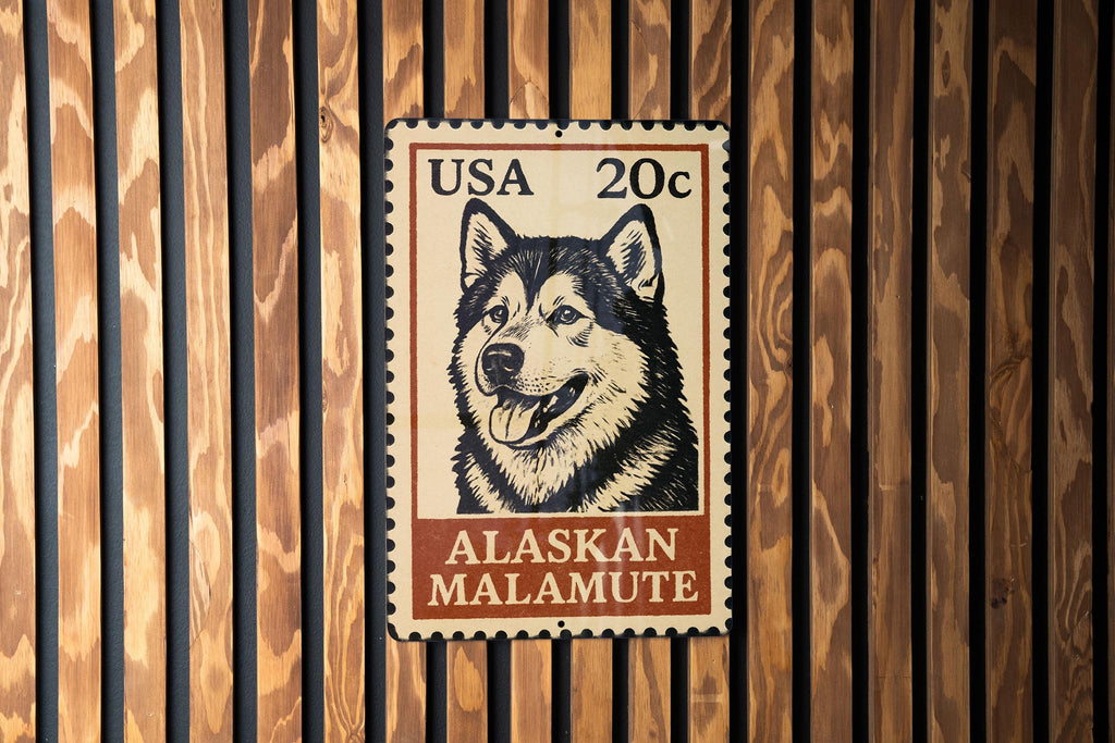 Alaskan Malamute Metal Sign – Vintage Stamp Style Dog Wall Art for Home, Cabin, or Kennel Decor – Vertical Pet Sign — photo 1