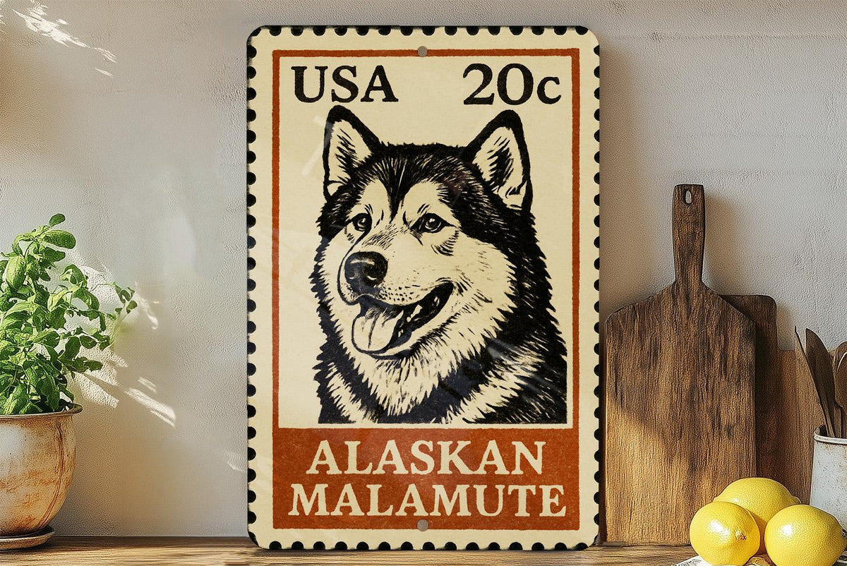 Alaskan Malamute Metal Sign – Vintage Stamp Style Dog Wall Art for Home, Cabin, or Kennel Decor – Vertical Pet Sign — photo 2