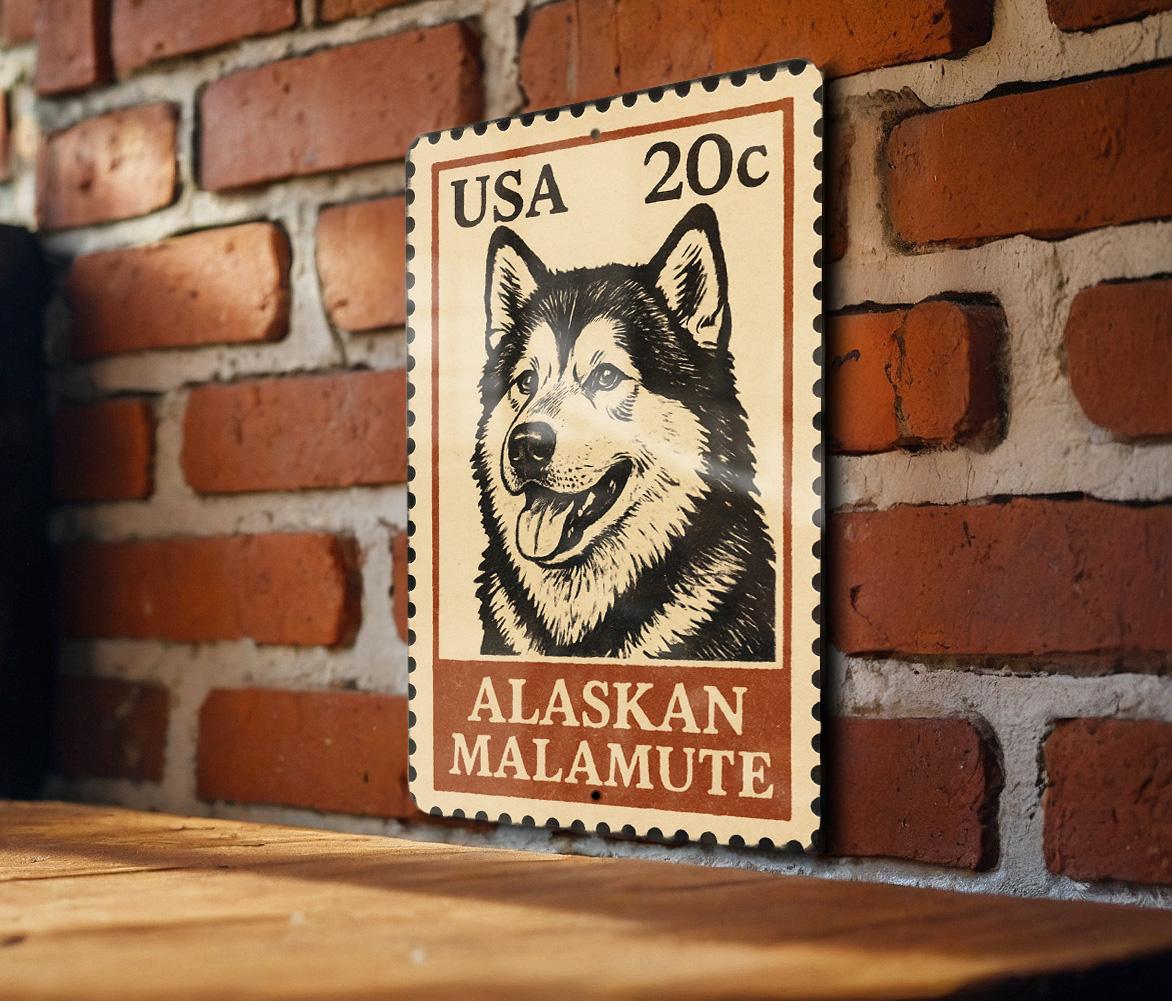 Alaskan Malamute Metal Sign – Vintage Stamp Style Dog Wall Art for Home, Cabin, or Kennel Decor – Vertical Pet Sign — photo 3