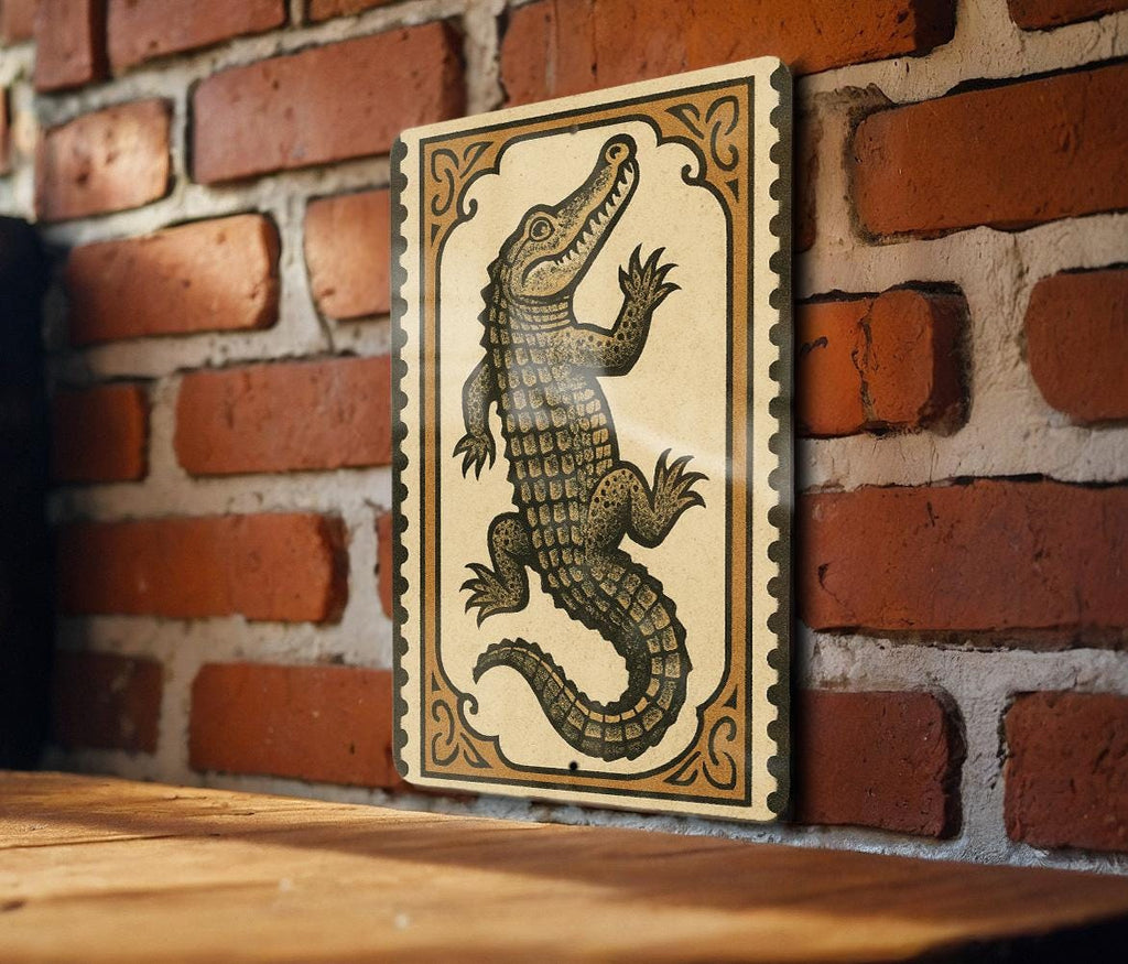 Alligator Stamp Style Metal Sign – Vertical Rustic Wall Art for Home, Cabin, or Man Cave Décor, 23-Inch Vintage Look — photo 1