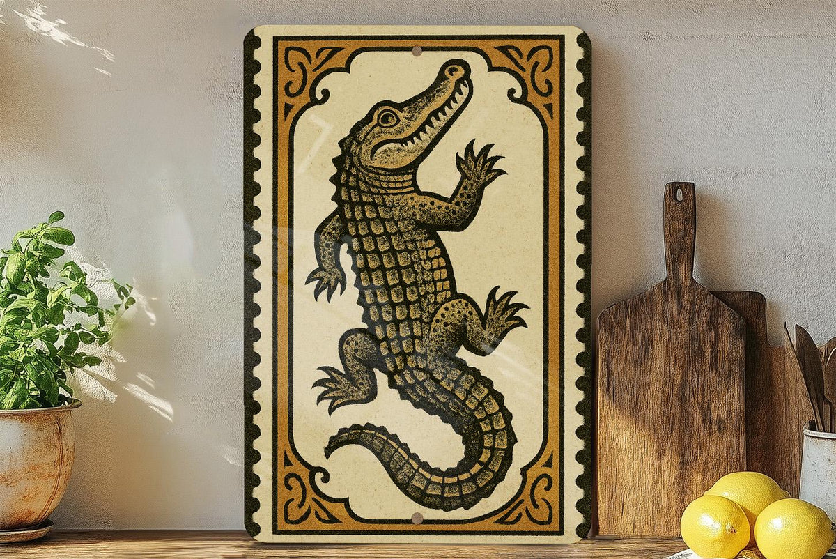 Alligator Stamp Style Metal Sign – Vertical Rustic Wall Art for Home, Cabin, or Man Cave Décor, 23-Inch Vintage Look — photo 2