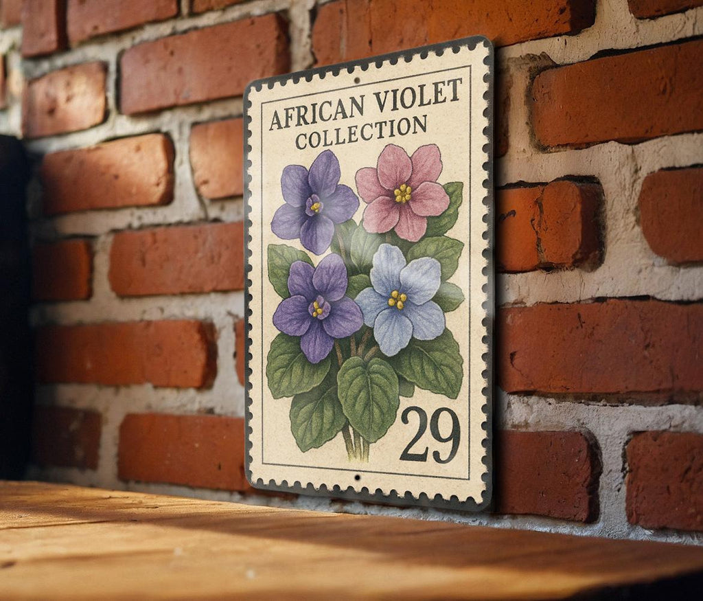 Vintage African Violet Stamp Art Metal Sign – Botanical Flower Wall Decor, Retro Garden Plant Lover Gift, Indoor Floral Plaque — photo 1