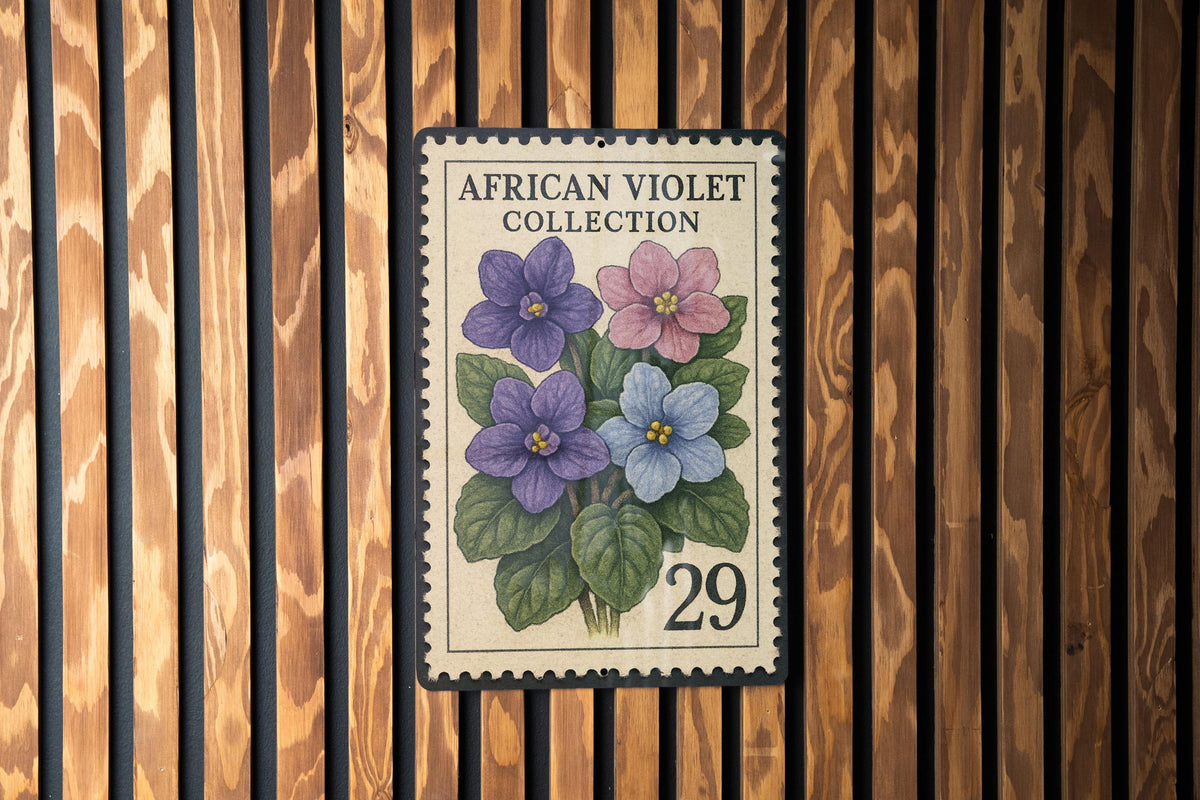 Vintage African Violet Stamp Art Metal Sign – Botanical Flower Wall Decor, Retro Garden Plant Lover Gift, Indoor Floral Plaque — photo 2