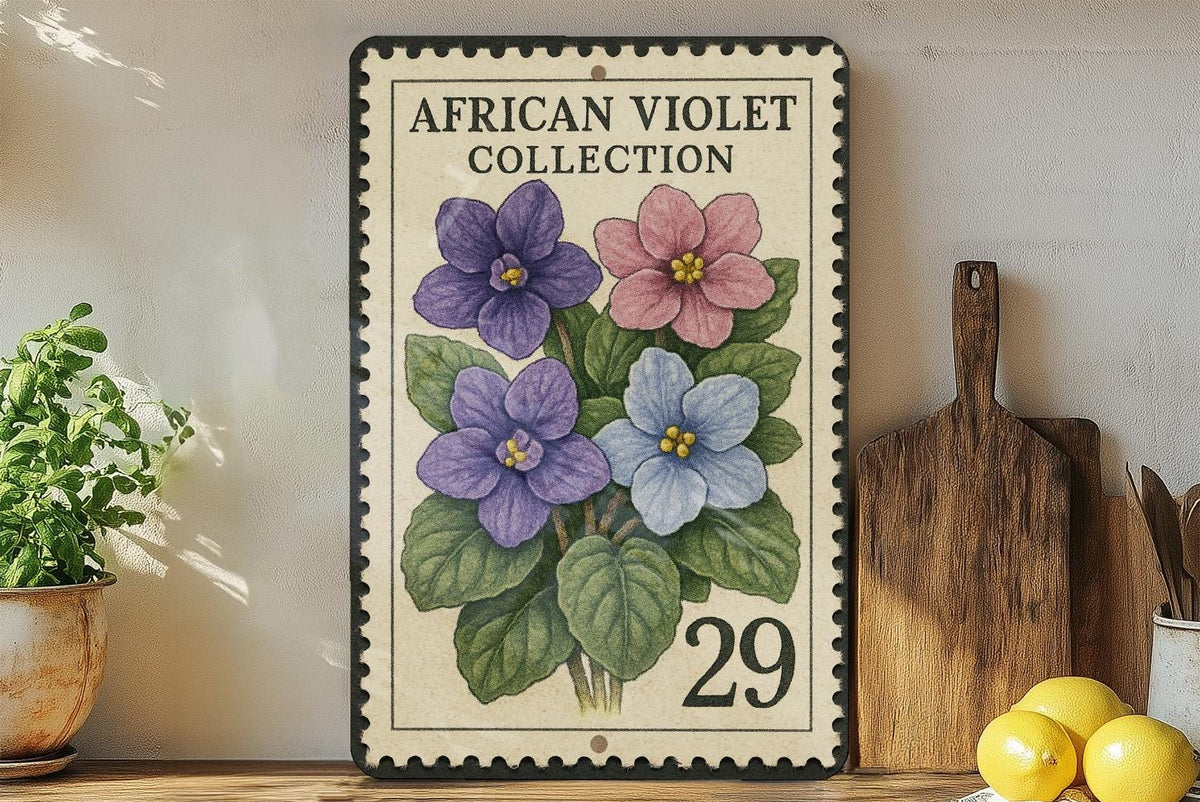Vintage African Violet Stamp Art Metal Sign – Botanical Flower Wall Decor, Retro Garden Plant Lover Gift, Indoor Floral Plaque — photo 3
