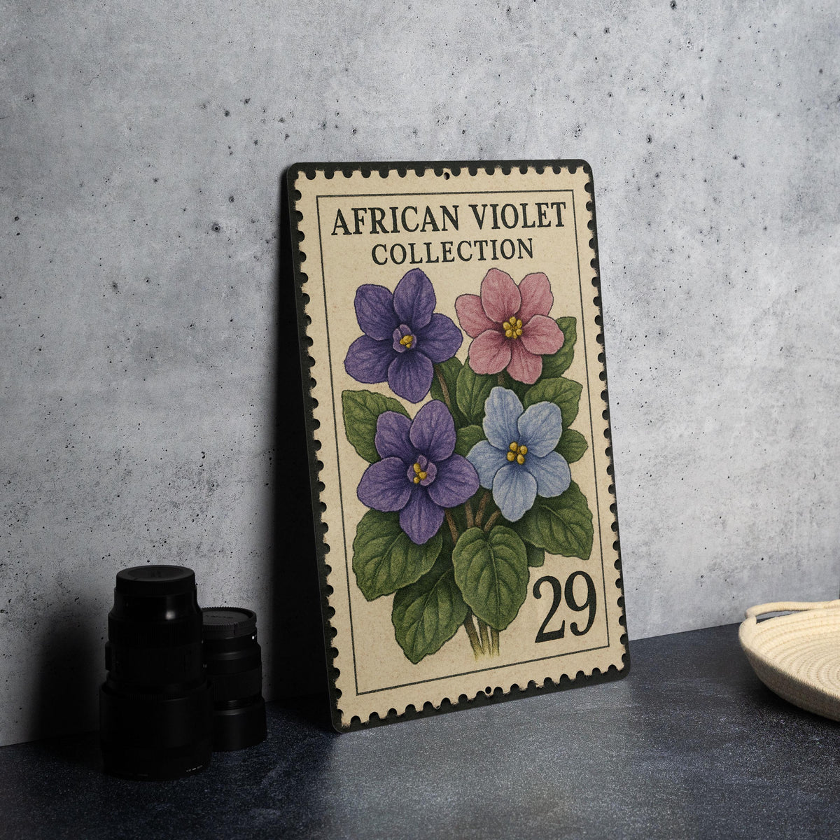 Vintage African Violet Stamp Art Metal Sign – Botanical Flower Wall Decor, Retro Garden Plant Lover Gift, Indoor Floral Plaque — photo 4