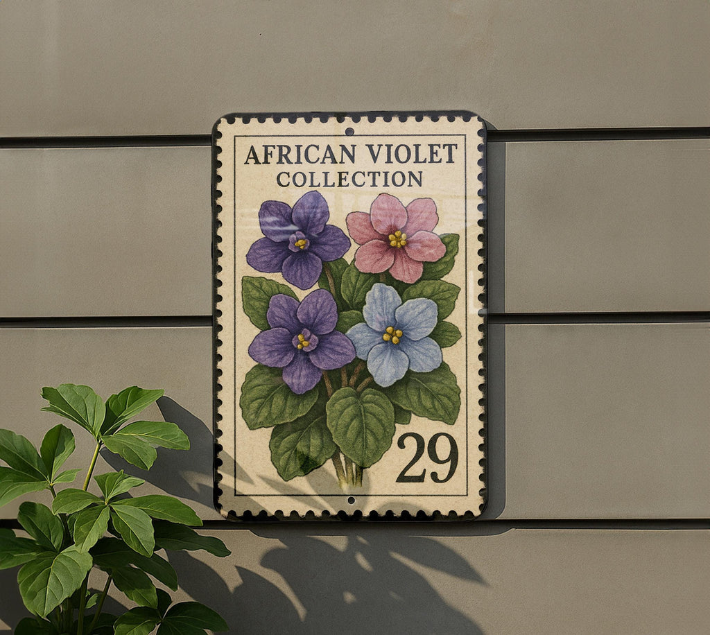 Vintage African Violet Stamp Art Metal Sign – Botanical Flower Wall Decor, Retro Garden Plant Lover Gift, Indoor Floral Plaque — photo 5