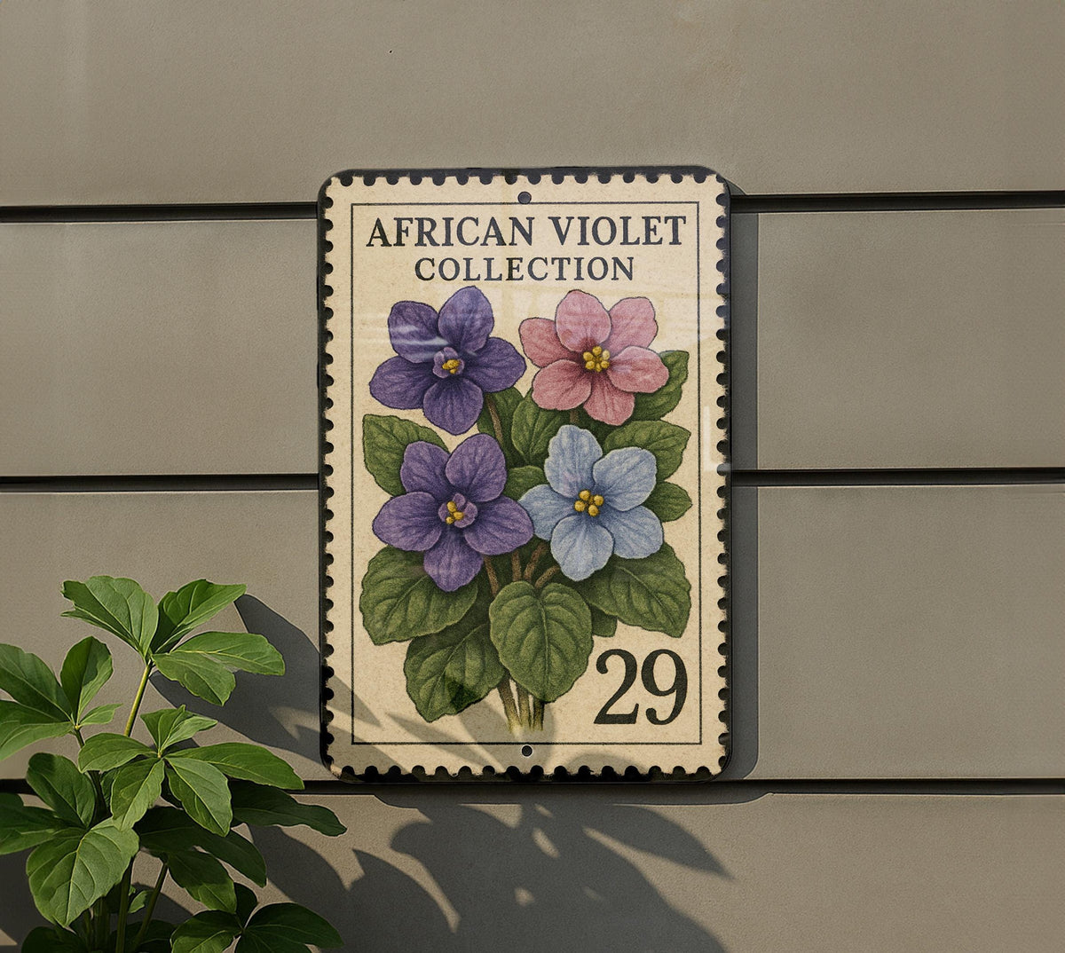 Vintage African Violet Stamp Art Metal Sign – Botanical Flower Wall Decor, Retro Garden Plant Lover Gift, Indoor Floral Plaque — photo 5