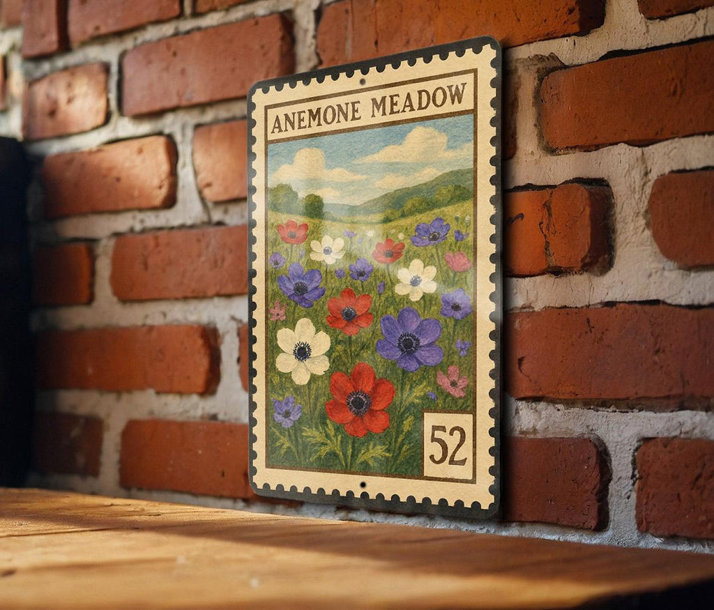 Anemone Meadow Metal Sign – Vintage Botanical Wall Art, Floral Stamp Style Decor, Rustic Garden Flower Home Sign — photo 1