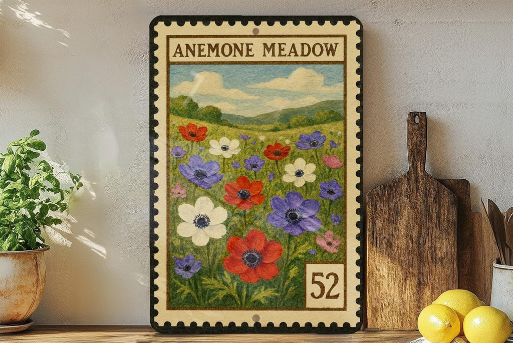Anemone Meadow Metal Sign – Vintage Botanical Wall Art, Floral Stamp Style Decor, Rustic Garden Flower Home Sign — photo 2