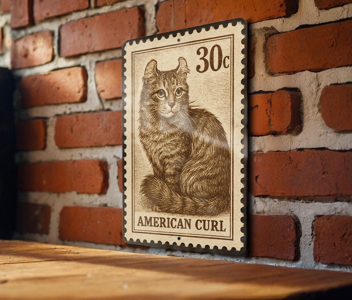 American Curl Cat Metal Sign – Vintage Stamp Style Wall Art, Rustic Tin Decor for Cat Lovers, Retro Pet Sign Gift — photo 1