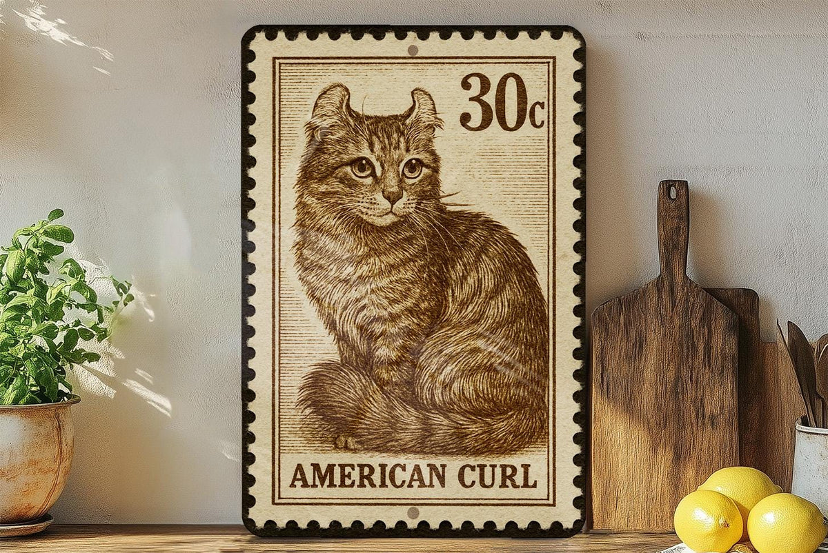 American Curl Cat Metal Sign – Vintage Stamp Style Wall Art, Rustic Tin Decor for Cat Lovers, Retro Pet Sign Gift — photo 2