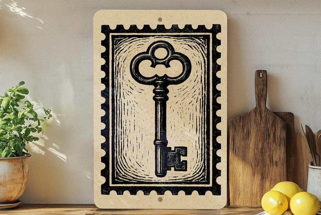 Antique Key Metal Sign – Vintage Stamp Style Wall Art, Rustic Home Decor, Skeleton Key Artwork for Entryway or Office — photo 3
