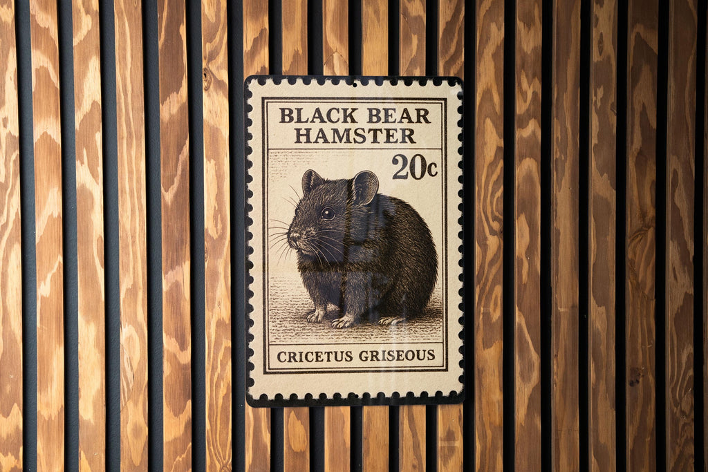 Black Bear Hamster Metal Sign – Vintage Stamp Style Wall Art, Rustic Pet Decor, Cute Rodent Illustration for Home or Shed — photo 1