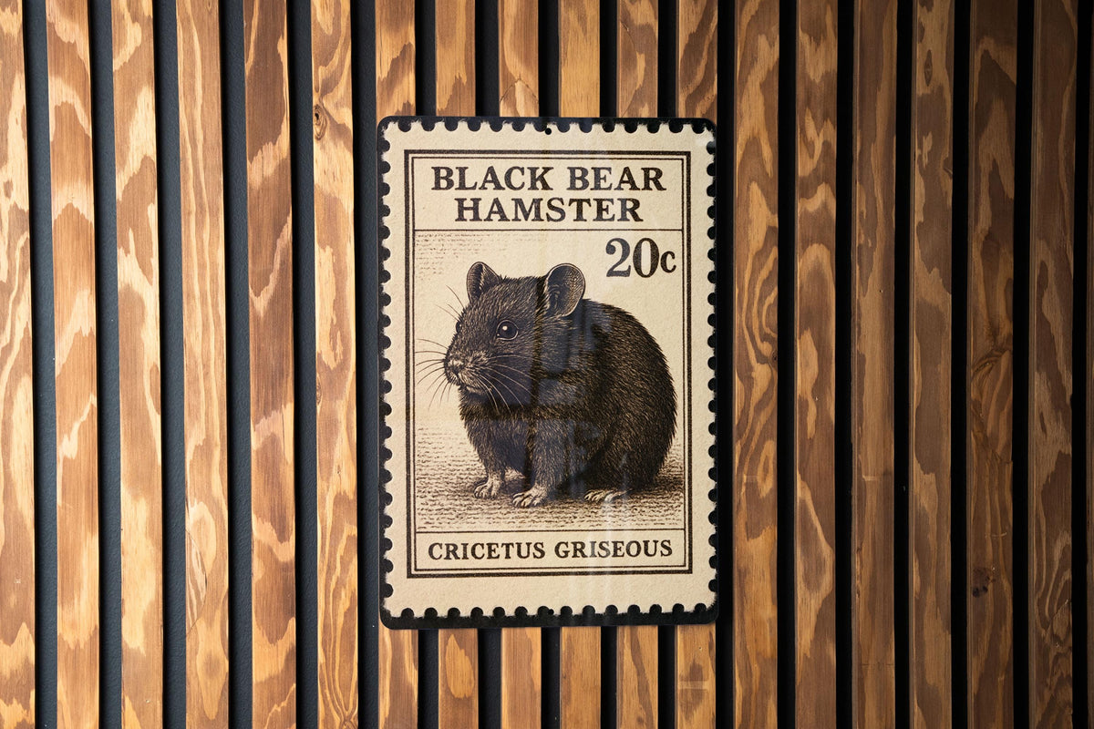 Black Bear Hamster Metal Sign – Vintage Stamp Style Wall Art, Rustic Pet Decor, Cute Rodent Illustration for Home or Shed — photo 1