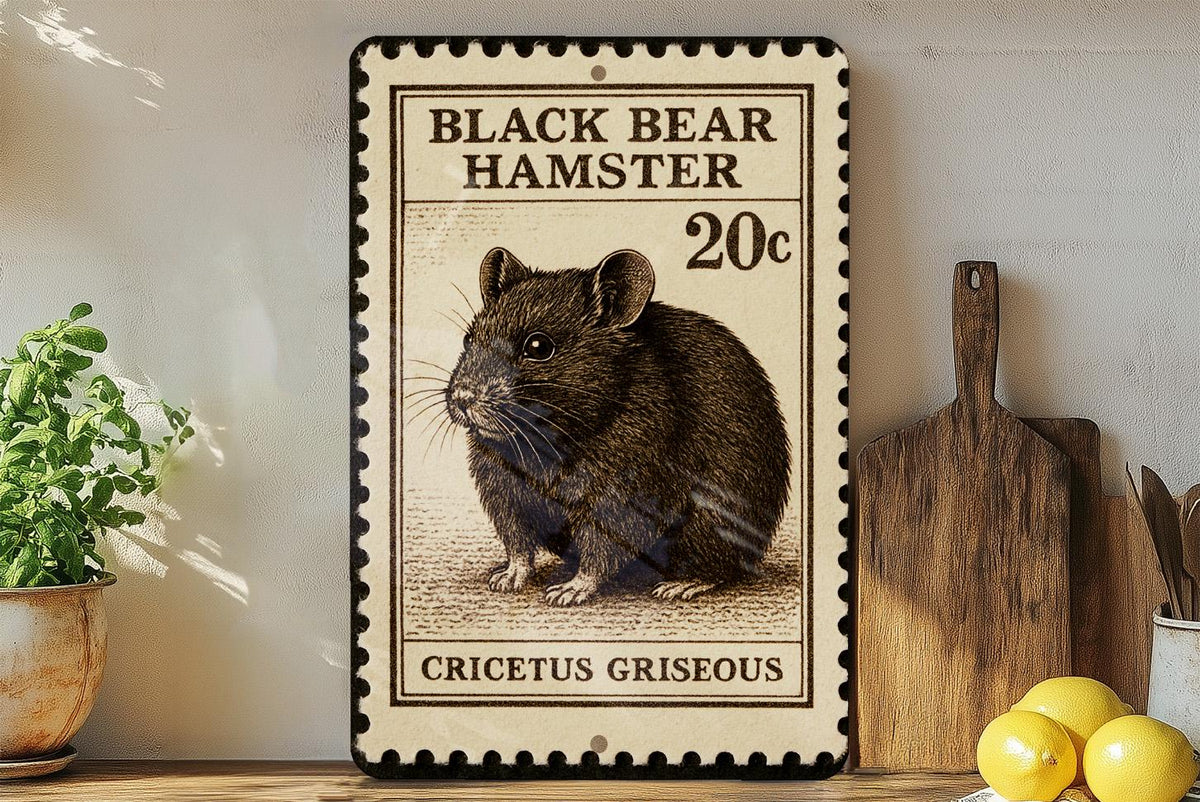 Black Bear Hamster Metal Sign – Vintage Stamp Style Wall Art, Rustic Pet Decor, Cute Rodent Illustration for Home or Shed — photo 3