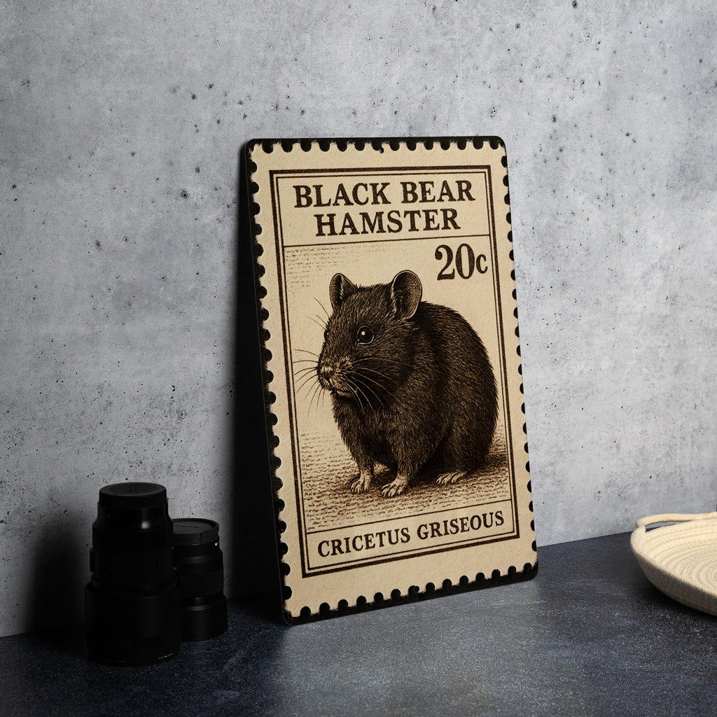 Black Bear Hamster Metal Sign – Vintage Stamp Style Wall Art, Rustic Pet Decor, Cute Rodent Illustration for Home or Shed — photo 4