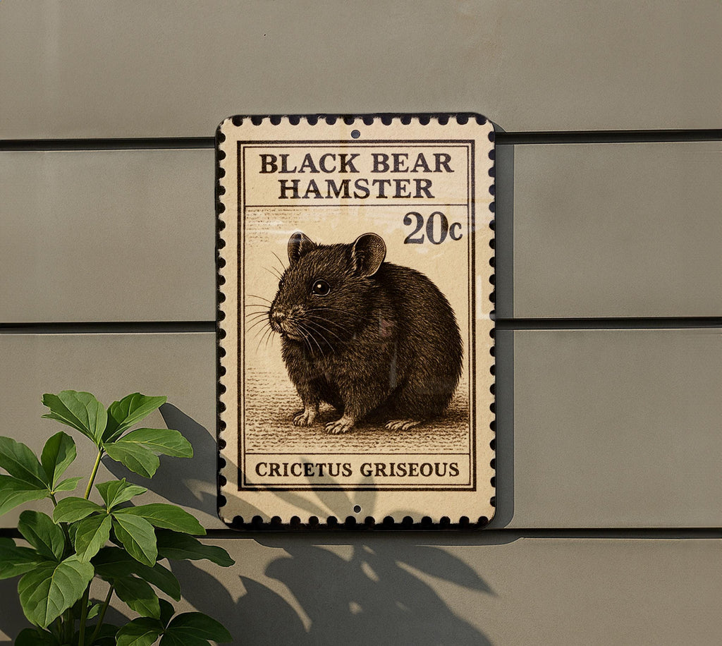 Black Bear Hamster Metal Sign – Vintage Stamp Style Wall Art, Rustic Pet Decor, Cute Rodent Illustration for Home or Shed — photo 5
