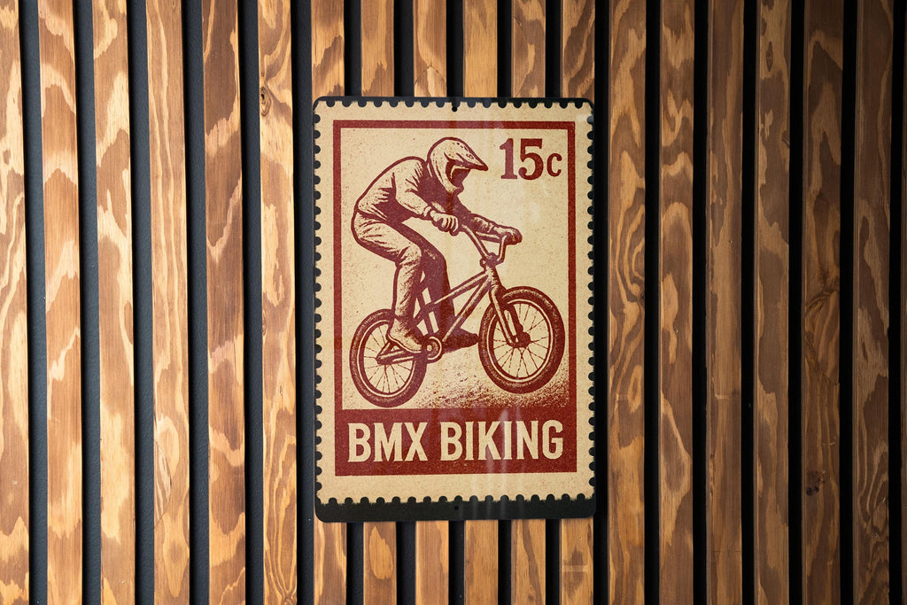 BMX Biking Metal Sign – Vintage Stamp Style Wall Art for Garage, Man Cave, Teen Room, Extreme Sports Decor — photo 1