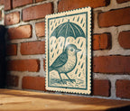 Whimsical Bird with Umbrella Metal Sign – Vintage Stamp Style Wall Art for Garden, Porch, or Rustic Home Decor — photo 1