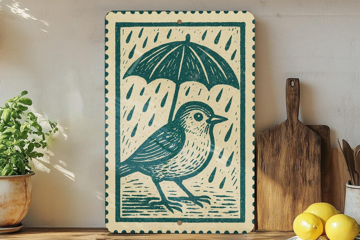 Whimsical Bird with Umbrella Metal Sign – Vintage Stamp Style Wall Art for Garden, Porch, or Rustic Home Decor — photo 2