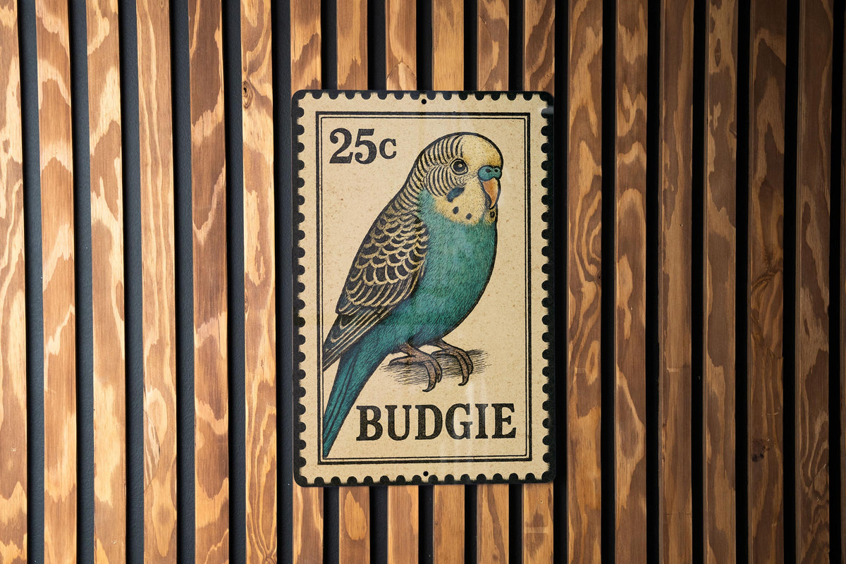 Budgie Stamp Style Metal Sign – Vintage Rock Band Wall Art, Retro Music Decor, Heavy Metal Tin Sign for Man Cave or Garage — photo 1