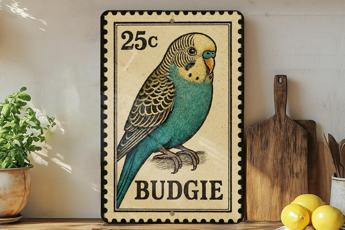 Budgie Stamp Style Metal Sign – Vintage Rock Band Wall Art, Retro Music Decor, Heavy Metal Tin Sign for Man Cave or Garage — photo 3