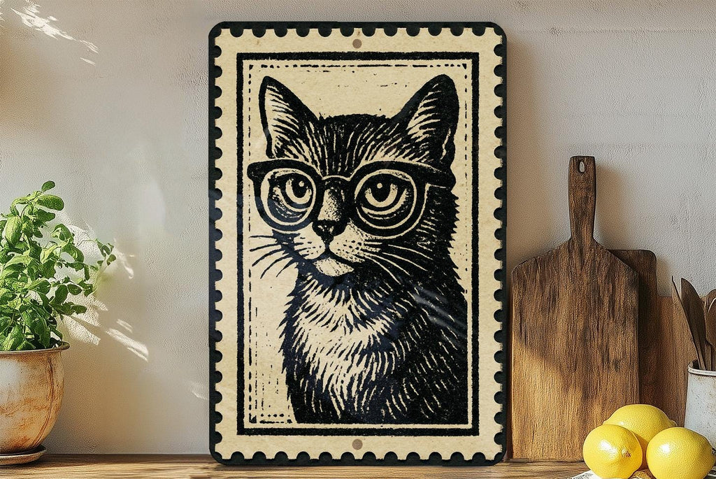Vintage Cat with Glasses Metal Sign – Retro Stamp Style Wall Art for Home, Office, or Bar Décor — photo 2