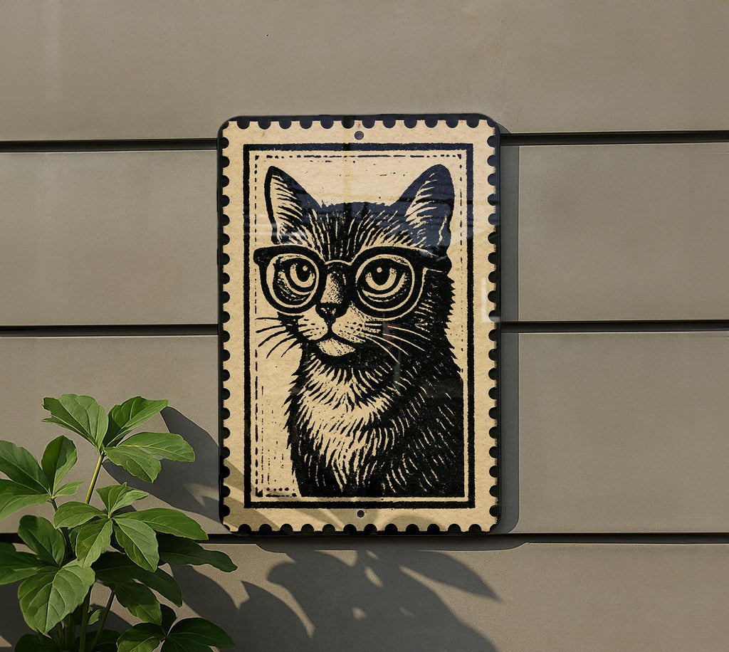 Vintage Cat with Glasses Metal Sign – Retro Stamp Style Wall Art for Home, Office, or Bar Décor — photo 5