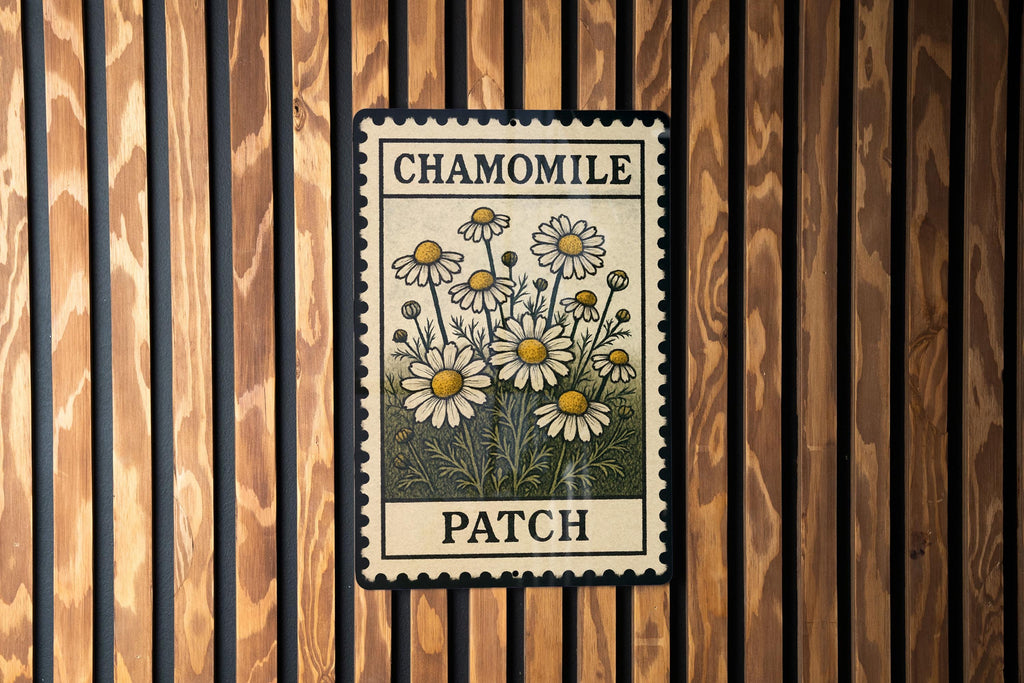 Chamomile Patch Metal Sign – Vintage Botanical Wall Art, Rustic Garden Decor, Floral Stamp Style Tin Sign for Kitchen or Porch — photo 1