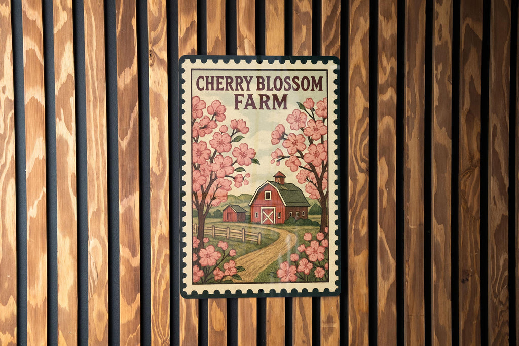 Cherry Blossom Farm Metal Sign – Vintage Stamp Style Wall Decor, Rustic Farmhouse Art, Country Home Outdoor Garden Sign — photo 1